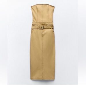 🫶 ZARA CARGO STRETCHY MIDI BELTED MUSTARD STRAPLESS DRESS